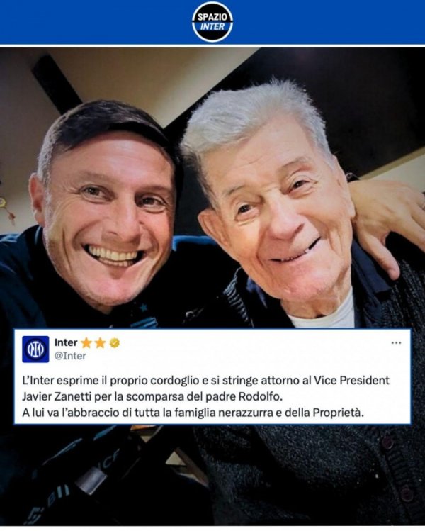 萨内蒂父亲去世,国米官方:向萨内蒂致以诚挚的哀悼 萨内蒂父亲去世,国米官方:向萨内蒂致以诚挚的哀悼