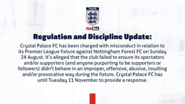 英足总官方：水晶宫因球迷行为不当遭指控，需在11月11日前回应